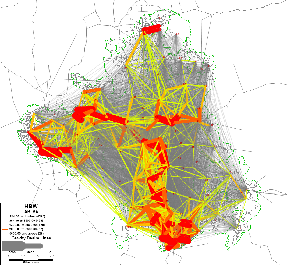Home-based work gravity desire lines, Gazipur travel demand model